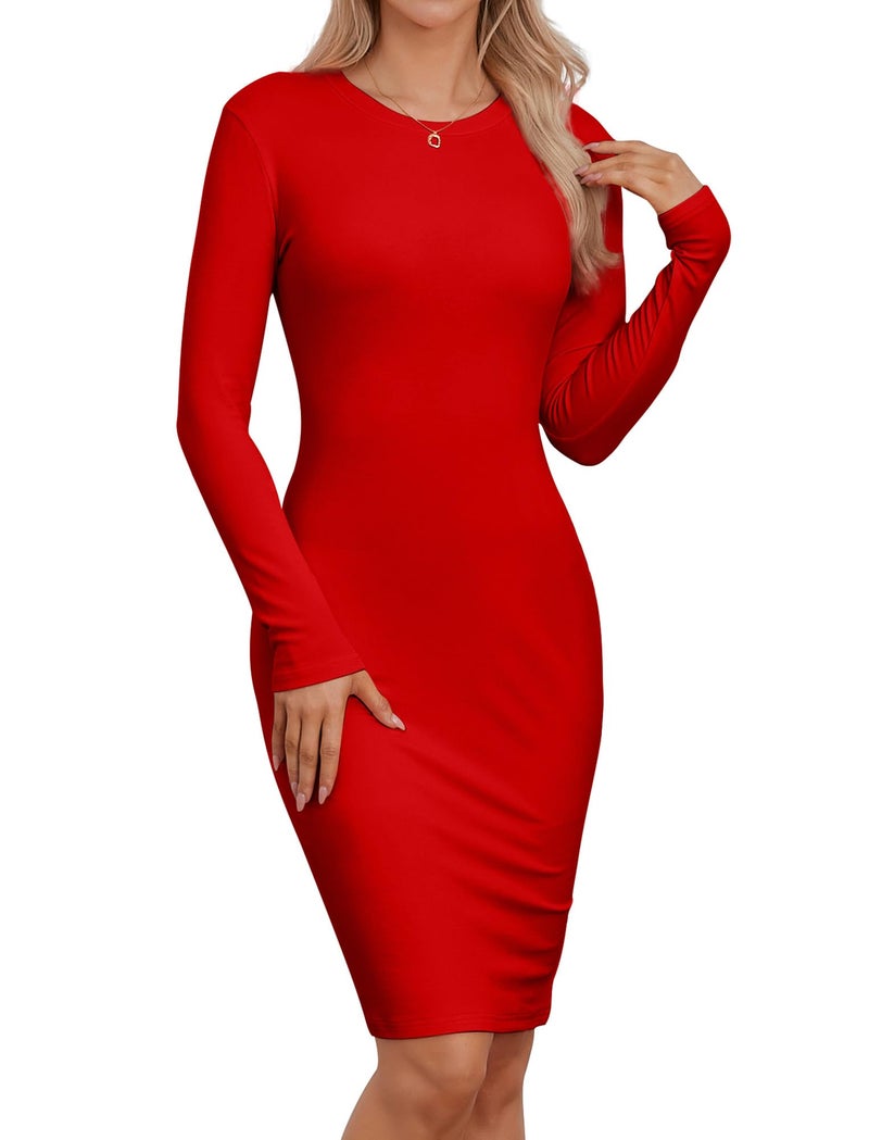 Qaffier Womens Knee Length Formal Dresses 2025 Fall Long Sleeve Crew Neck Elegant Cocktail Party Club Bodycon Midi Dress Red Medium - Image 1