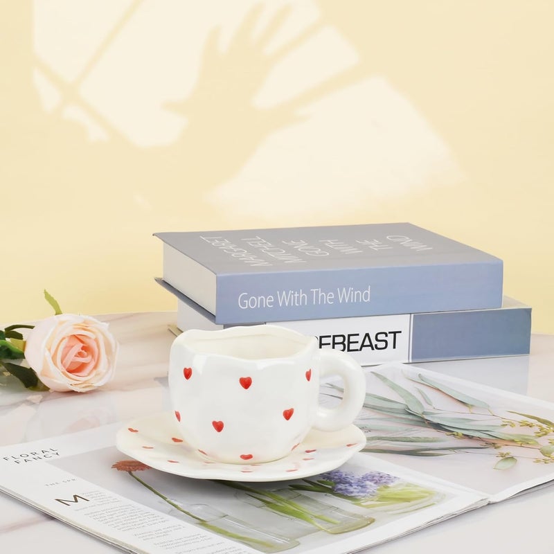 Koythin Ceramic Coffee Mug with Saucer, Cute Red Heart Cup for Women for Office and Home, Couple Cups for Girlfriends, 10 oz/300 ml for Latte Tea Milk (Small Red Heart) - Image 3