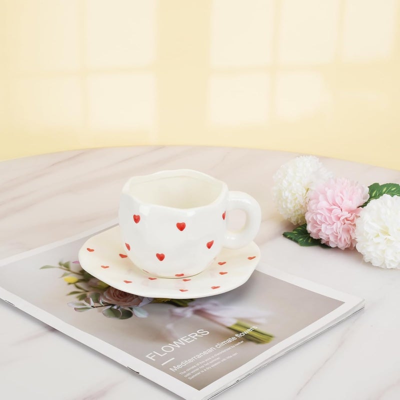 Koythin Ceramic Coffee Mug with Saucer, Cute Red Heart Cup for Women for Office and Home, Couple Cups for Girlfriends, 10 oz/300 ml for Latte Tea Milk (Small Red Heart) - Image 4