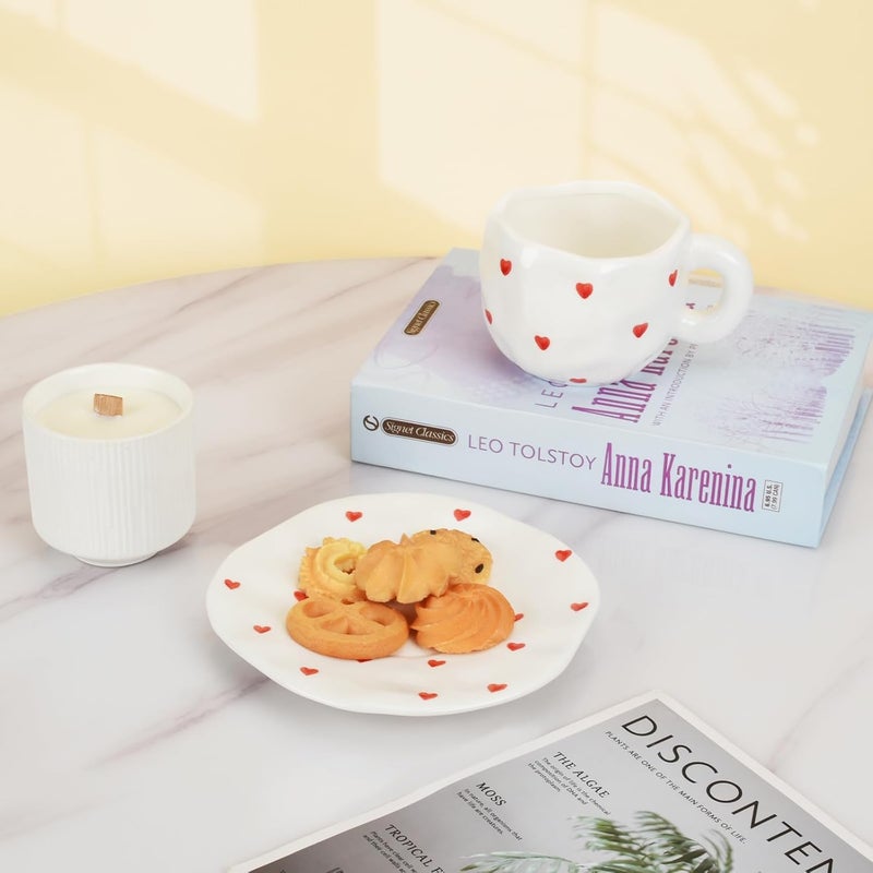 Koythin Ceramic Coffee Mug with Saucer, Cute Red Heart Cup for Women for Office and Home, Couple Cups for Girlfriends, 10 oz/300 ml for Latte Tea Milk (Small Red Heart) - Image 5