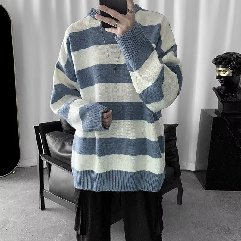 Mens Striped Sweater Autumn Winter Trendy Brand Korean Fashion Knitwear White Blue  - Image 1