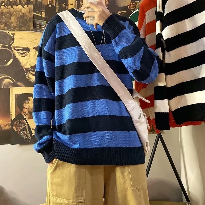 Mens Striped Sweater Autumn Winter Trendy Brand Korean Fashion Knitwear White Blue  - Image 2