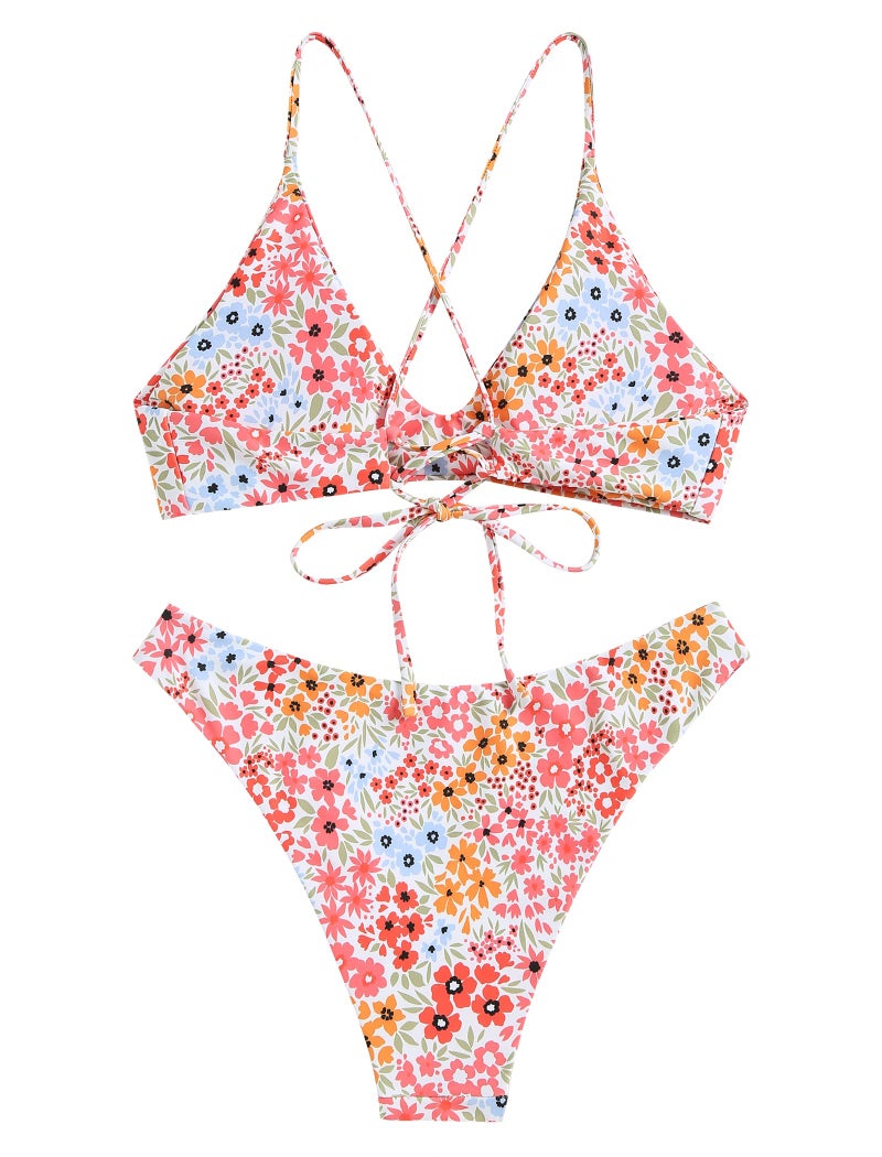 ZAFUL Women's Tie Back Padded High Cut Bralette Bikini Set Two Piece Swimsuit (1-Floral Orange Pink, M) - Image 3