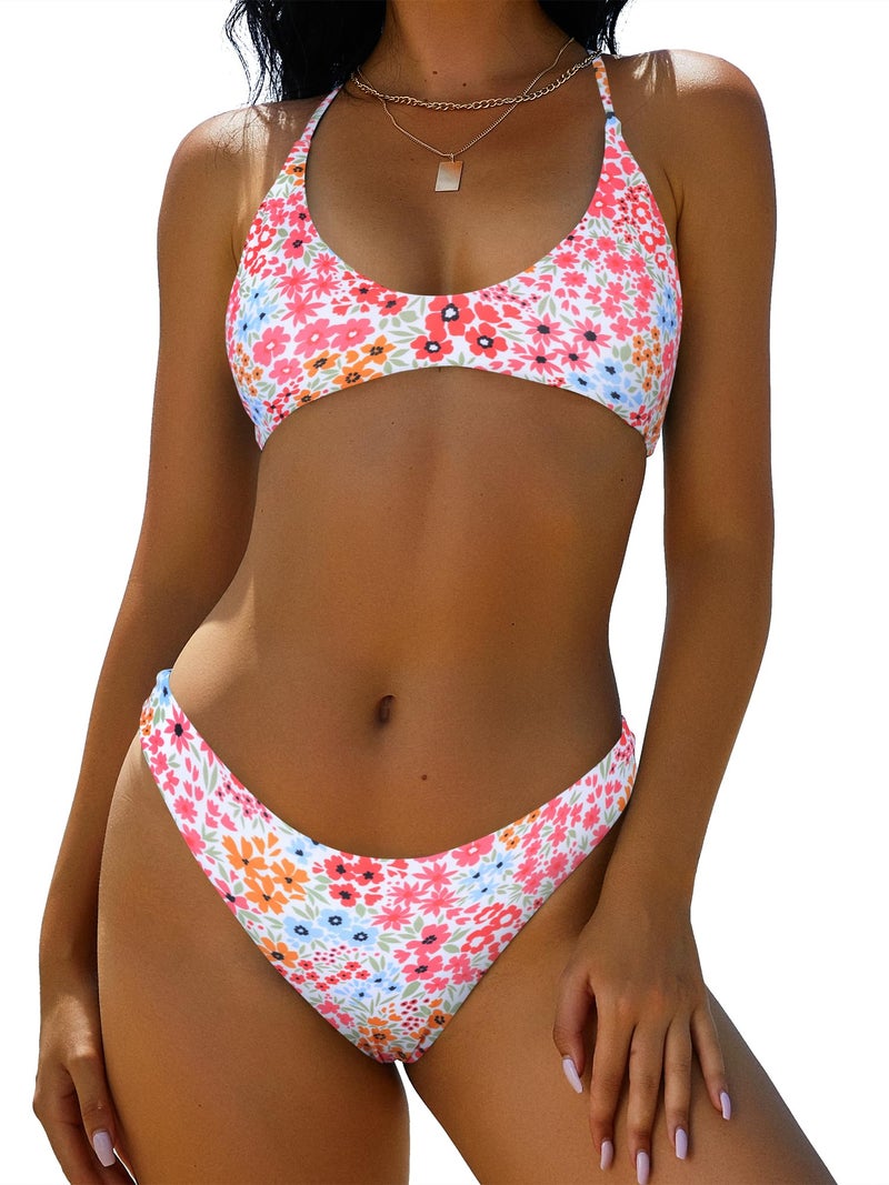 ZAFUL Women's Tie Back Padded High Cut Bralette Bikini Set Two Piece Swimsuit (1-Floral Orange Pink, M) - Image 1