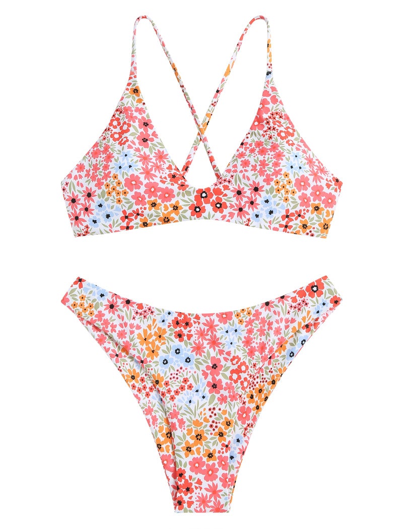 ZAFUL Women's Tie Back Padded High Cut Bralette Bikini Set Two Piece Swimsuit (1-Floral Orange Pink, M) - Image 2