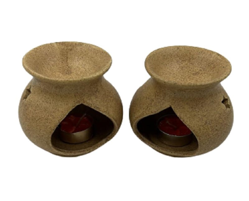 JERN Set of 2 Ceramic Clay Oil Burner Aroma Diffuser Set of 2 Beige Pots - Image 3