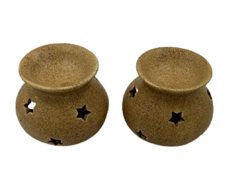 JERN Set of 2 Ceramic Clay Oil Burner Aroma Diffuser Set of 2 Beige Pots - Image 2