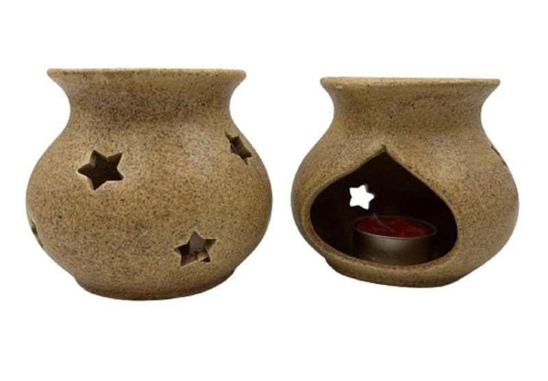 JERN Set of 2 Ceramic Clay Oil Burner Aroma Diffuser Set of 2 Beige Pots - Image 4