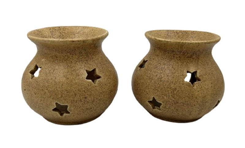 JERN Set of 2 Ceramic Clay Oil Burner Aroma Diffuser Set of 2 Beige Pots - Image 1