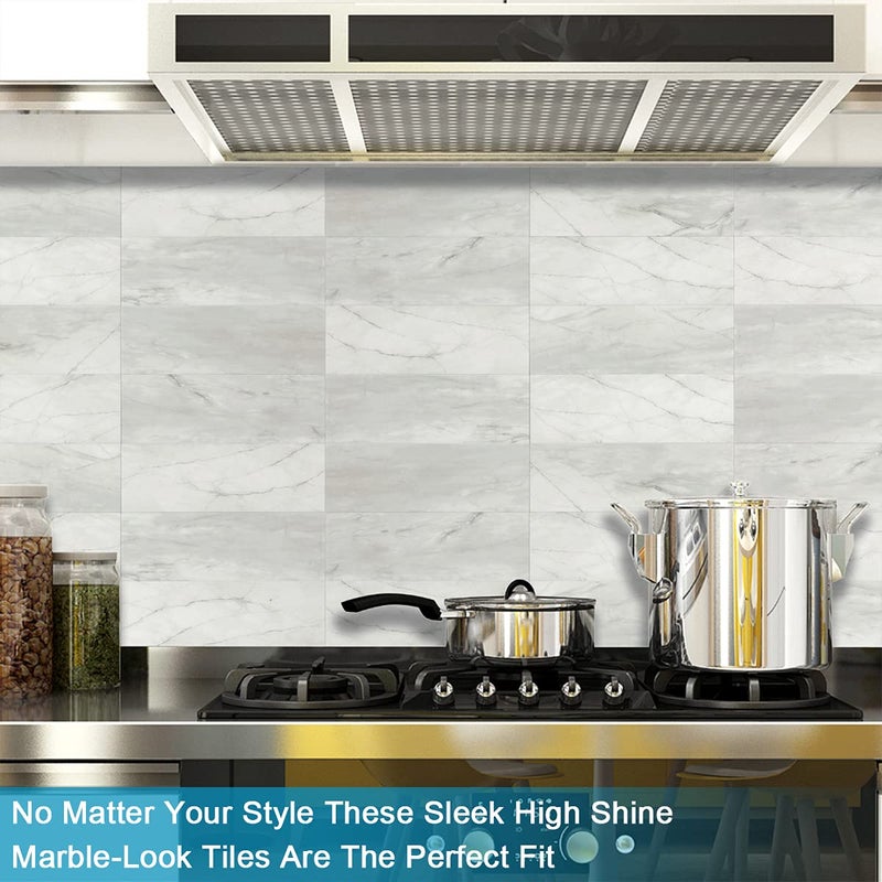 BeNice Peel and Stick Backsplash for Kitchen Tile,Peel and Stick Tiles for Walls Tile Stickers Waterproof Marble Tile Backsplash 3.85"x11.73"(16Tiles) White Gray - Image 4