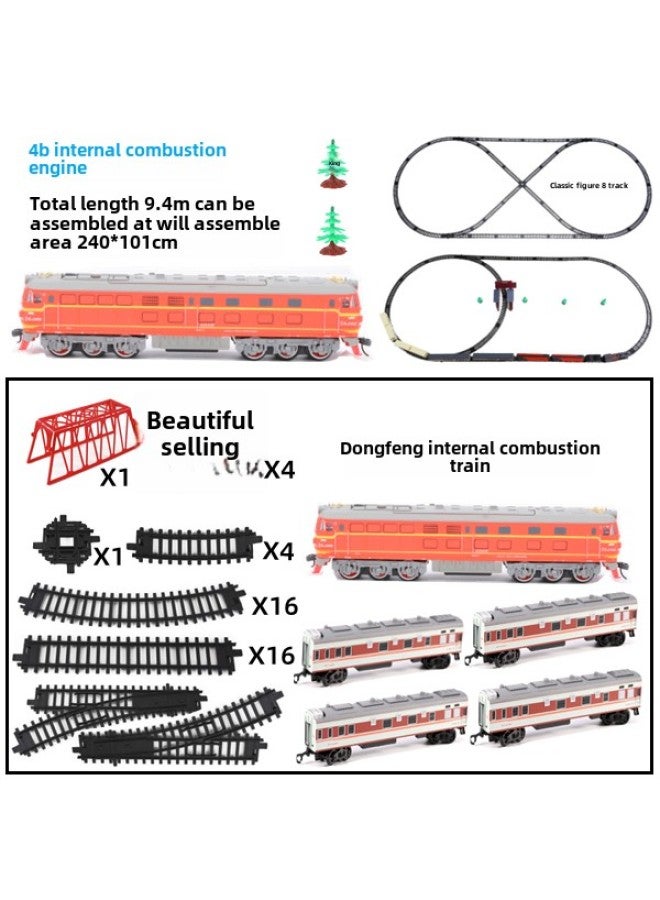 A18 Electric Green Leather Dongfeng 4B Internal Combustion Engine Train Track Luminous Carriage Toy High-speed Rail Train Suit Model-Color:Orange Head + 9.4m Track + 4 Red Passenger Cars Without Lights-Scale:Ordinary Aa Battery - Image 1