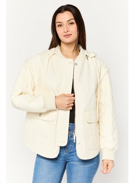 EMPORIO ARMANI Women Textured Bomber Jacket, Cream  - Image 1