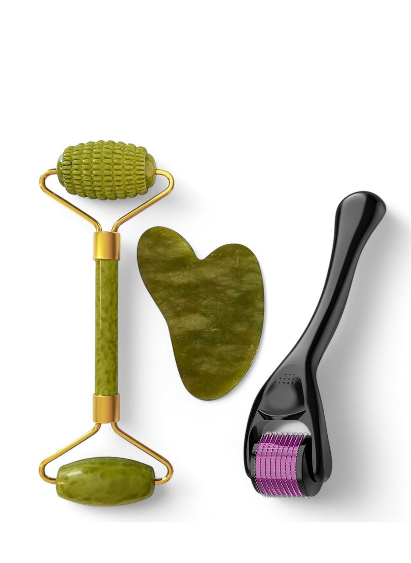 Plan A Jade Roller & Gua Sha Set with Derma Roller - Multifunctional Massage Tool for Face, Eye, Neck and Body, Natural Jade Stone, Helps Reduce Wrinkles, Dark Circles, Relax Muscles  - Image 1