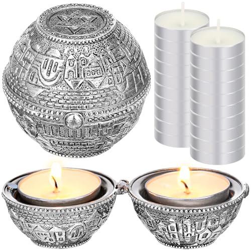 Skybooly Jewish Shabbat Metal Travel Candle Holders Silver Travel Size Jerusalem Candlesticks with 10 Pcs Mini Tealight Candles Small White Votive Tea Lights Candles Unscented Set for Home Shabbat - Image 1