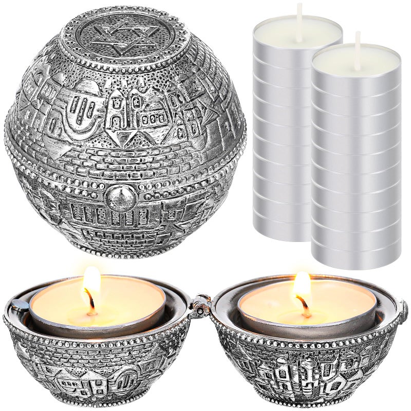 Skybooly Jewish Shabbat Metal Travel Candle Holders Silver Travel Size Jerusalem Candlesticks with 10 Pcs Mini Tealight Candles Small White Votive Tea Lights Candles Unscented Set for Home Shabbat - Image 2