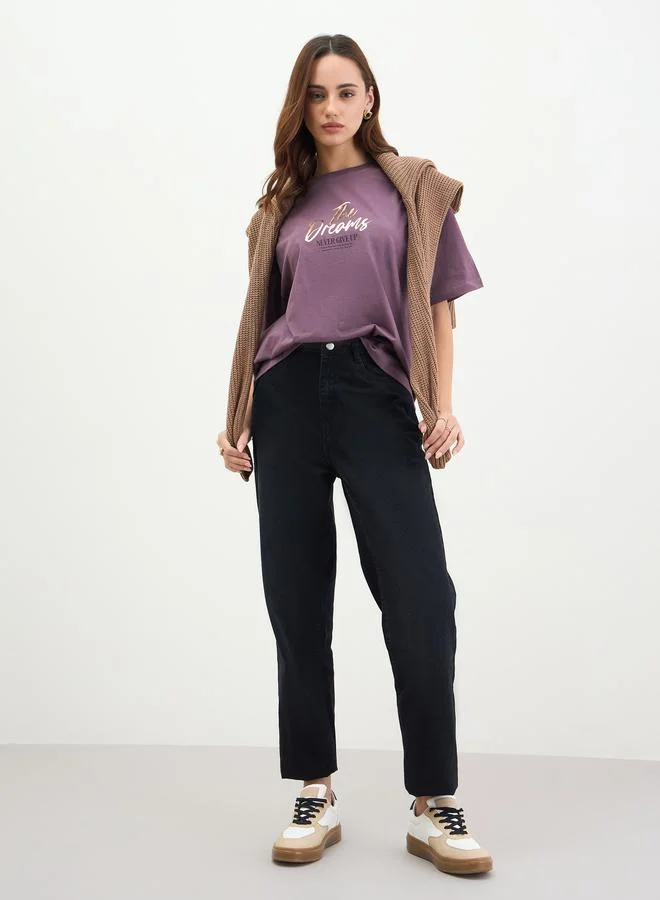 Styli Burgundy Slogan Print Oversized T-Shirt