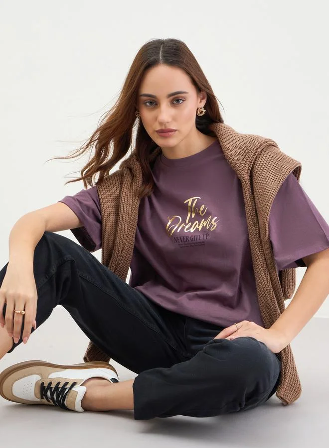 Styli Burgundy Slogan Print Oversized T-Shirt