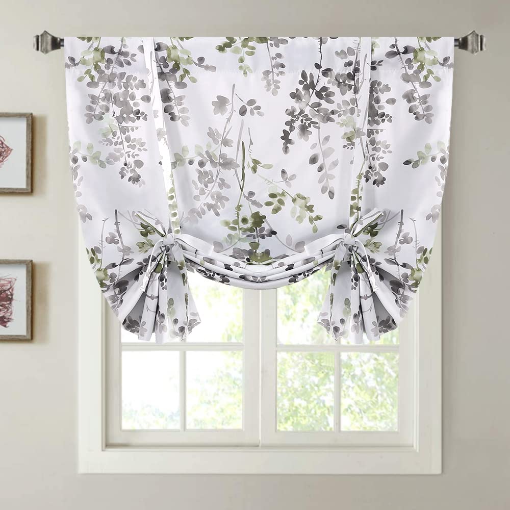H.VERSAILTEX HVERSAILTEX Blackout Tie Up Curtain Thermal Insulated Balloon for Small Window Adjustable Kitchen Rod Pocket Panel 42 W x 45 L Floral Pattern in Grey and Sage
