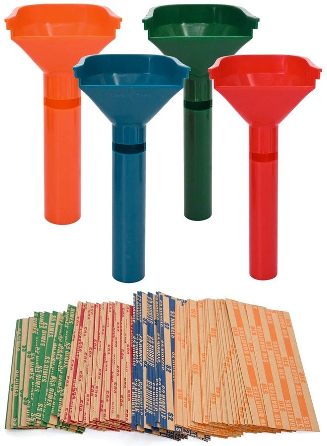 L LIKED 150 Assorted Flat Striped Coin Wrappers & 4 Coin Sorters Tubes, Color-Coded,Easy to Load - Image 1