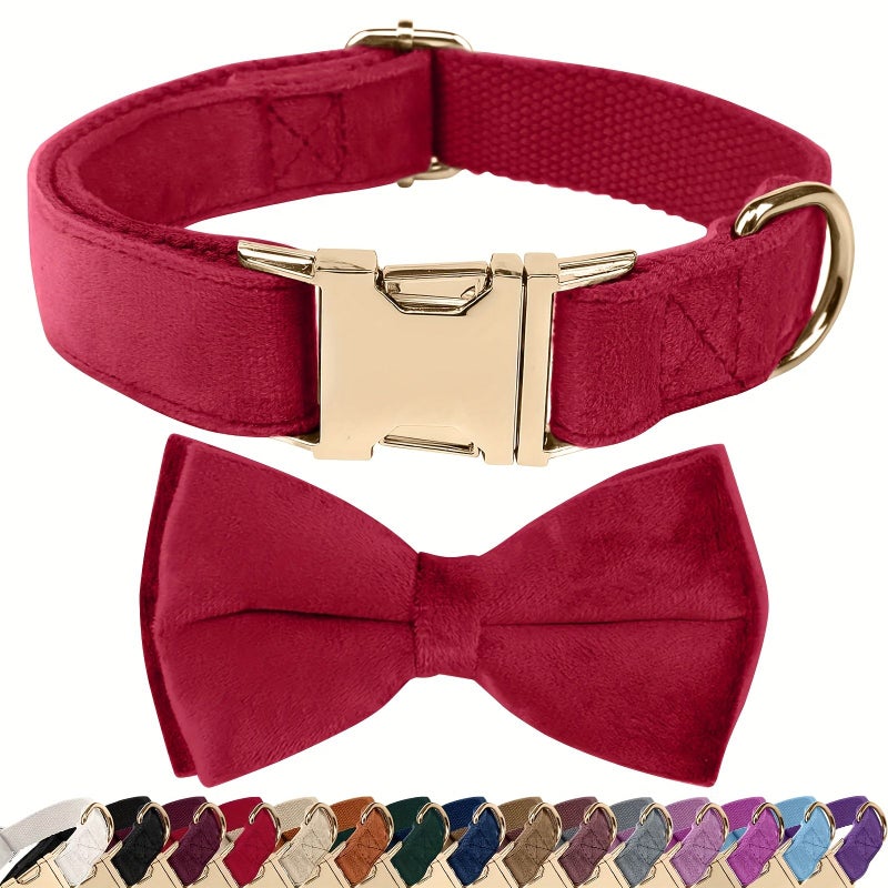 Burgundy Velvet Pet Collar With Bow Tie Set For Cats And Dogs Metal Buckle Adjustable Soft Skin Friendly No Choke Design For Party Wedding Birthday Daily Walking Photo Accessories - Image 1