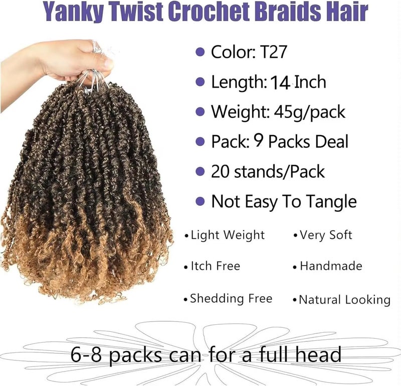 datanala Yanky Twists Crochet Braiding Hair 14 Inch 9 Packs Crochet Hair with Curls Micro Spring Twists Crochet Hair Pre-looped Curly Crochet Braids Hair Extensions for Women (T27#, 14inch) - Image 1