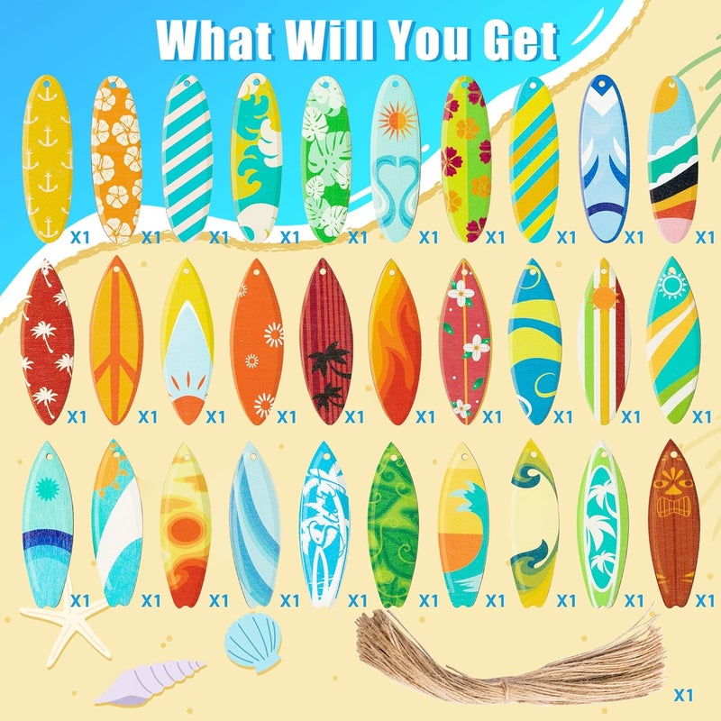 Haooryx Summer Surfboard Surfing Hanging Wooden Ornaments Decorations - 31Pcs Surf Board Shaped Beach Signs Wood Ornament with String for Home Summer Hawaiian Beach Luau Tropical Party Favors Supplies - Image 2