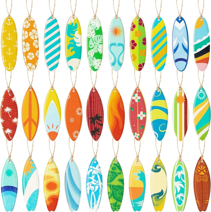 Haooryx Summer Surfboard Surfing Hanging Wooden Ornaments Decorations - 31Pcs Surf Board Shaped Beach Signs Wood Ornament with String for Home Summer Hawaiian Beach Luau Tropical Party Favors Supplies - Image 1