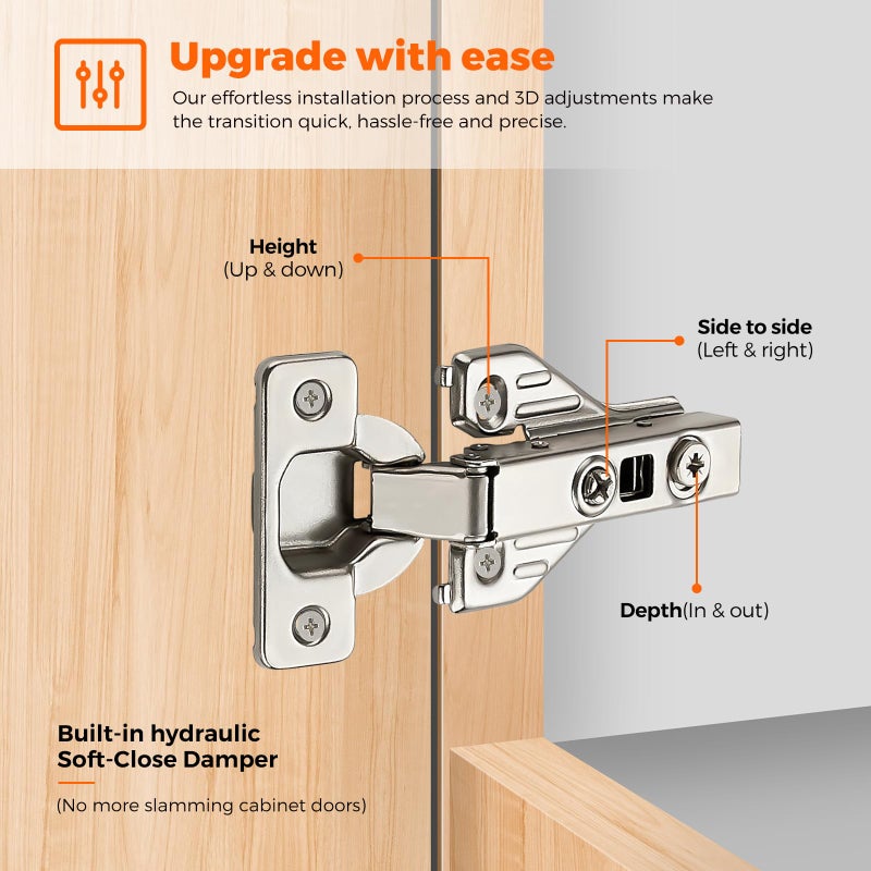 JOY DECOR Full Overlay 4 Packs (2 Pairs) Concealed Kitchen Cabinet Hinges 105 Degree Soft Close Adjustable Cabinet Door Hinges for Face Frame Cabinet - Image 5