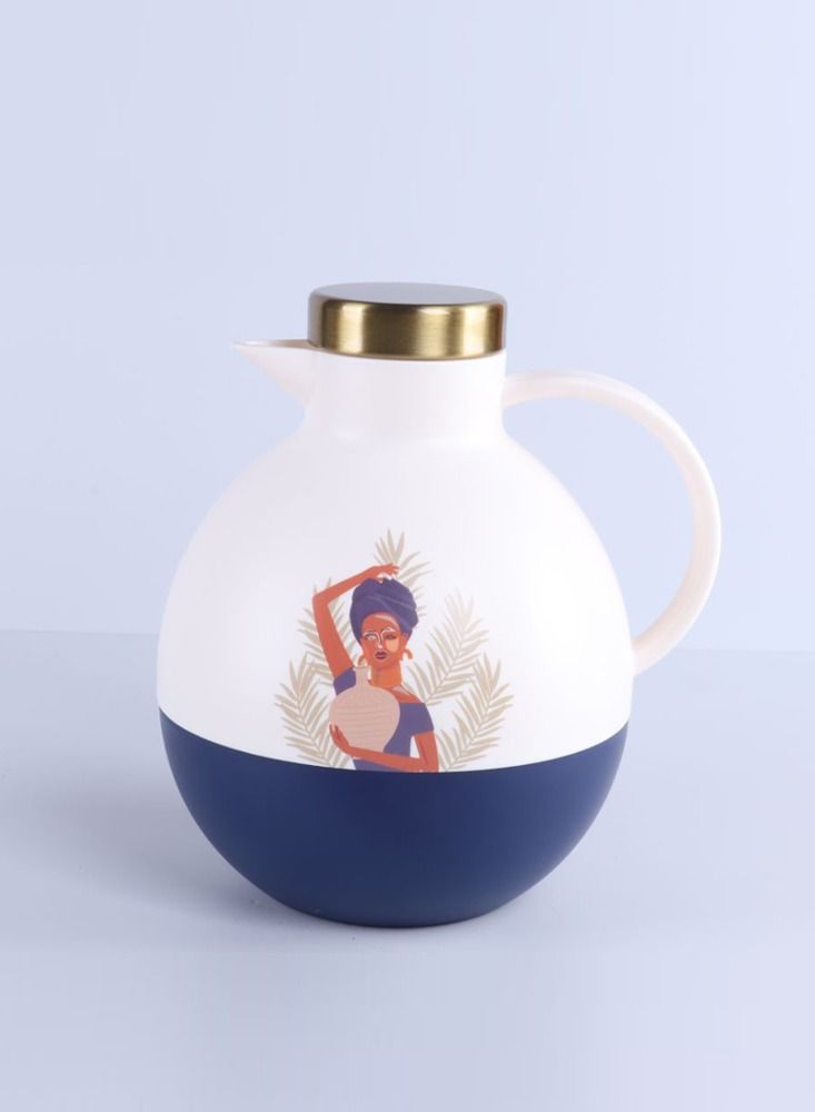 Attractive thermos with a modern design, white, navy, gold, plastic, with African drawings  - Image 1