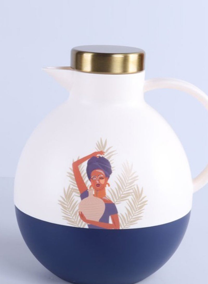 Attractive thermos with a modern design, white, navy, gold, plastic, with African drawings  - Image 2