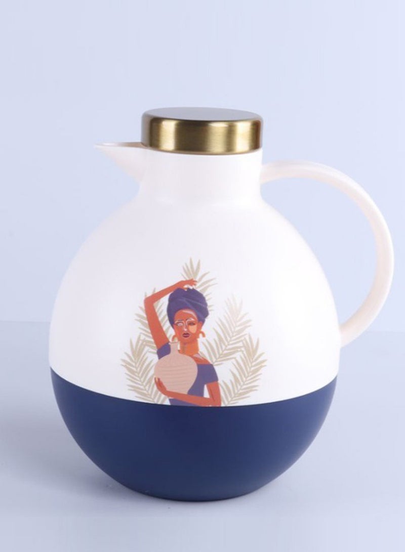 Attractive thermos with a modern design, white, navy, gold, plastic, with African drawings  - Image 3