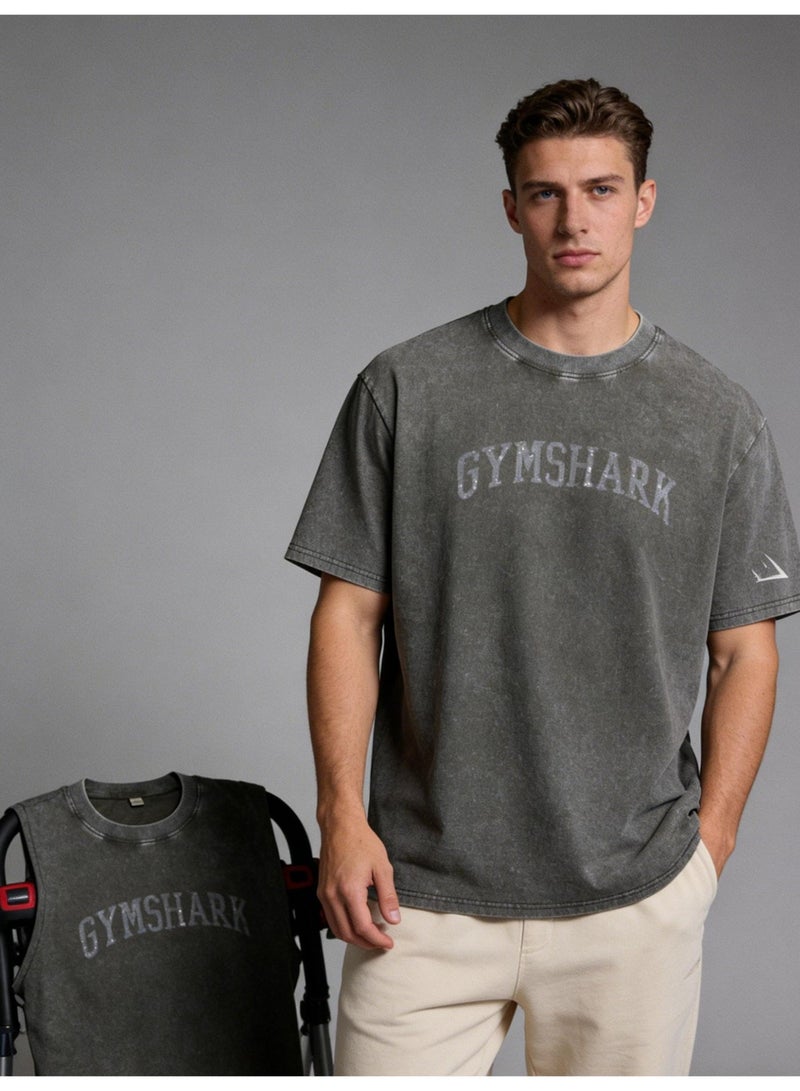 جيمشارك Gymshark فضفاضة عارضة تي شيرت الرجعية غسلت القطن نسيج ناعم الرياضة الجوكر الرجال والنساء مع نفس الفقرة. - Image 1