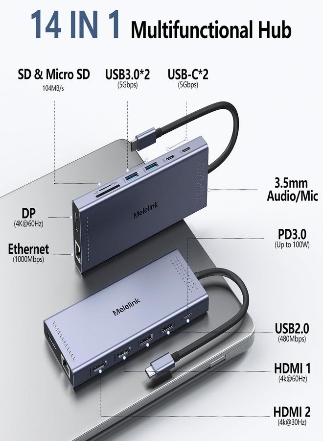 Melelink USB C Docking Station Dual Monitor, 14 in 1 USB C Hub Multiport Adapter 3 Monitor with 2 HDMI, 4K DisplayPort, 100W PD, Ethernet, 6 USB C/A Ports, SD/TF, Laptop USB C Dock for MacBook,Dell,HP,Lenovo - Image 2