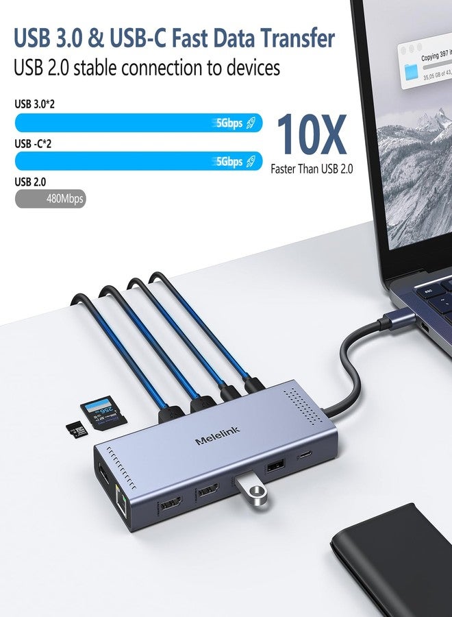 Melelink USB C Docking Station Dual Monitor, 14 in 1 USB C Hub Multiport Adapter 3 Monitor with 2 HDMI, 4K DisplayPort, 100W PD, Ethernet, 6 USB C/A Ports, SD/TF, Laptop USB C Dock for MacBook,Dell,HP,Lenovo - Image 5