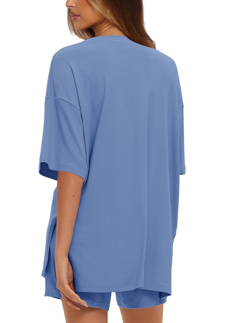 Darong Women's Casual Summer 2 Piece Sets Short Sleeve Tshirt and Shorts Matching Sweatsuits Lounge Set 2025 9121 Sea Blue M - Image 2
