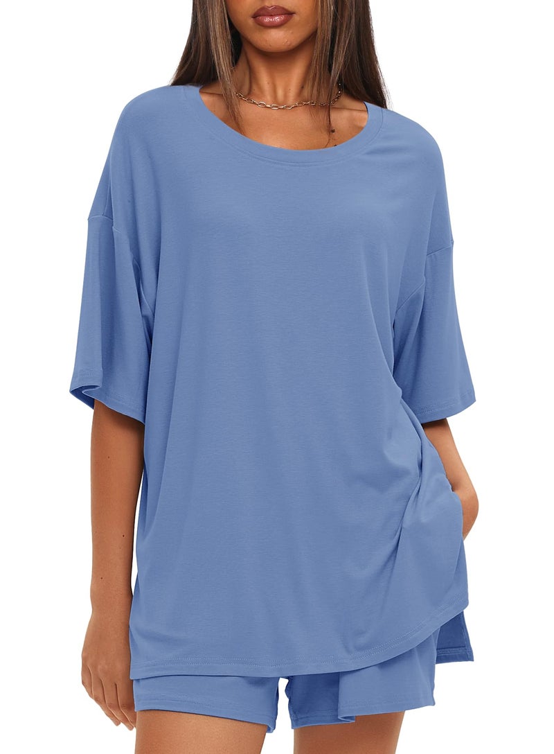 Darong Women's Casual Summer 2 Piece Sets Short Sleeve Tshirt and Shorts Matching Sweatsuits Lounge Set 2025 9121 Sea Blue M - Image 4
