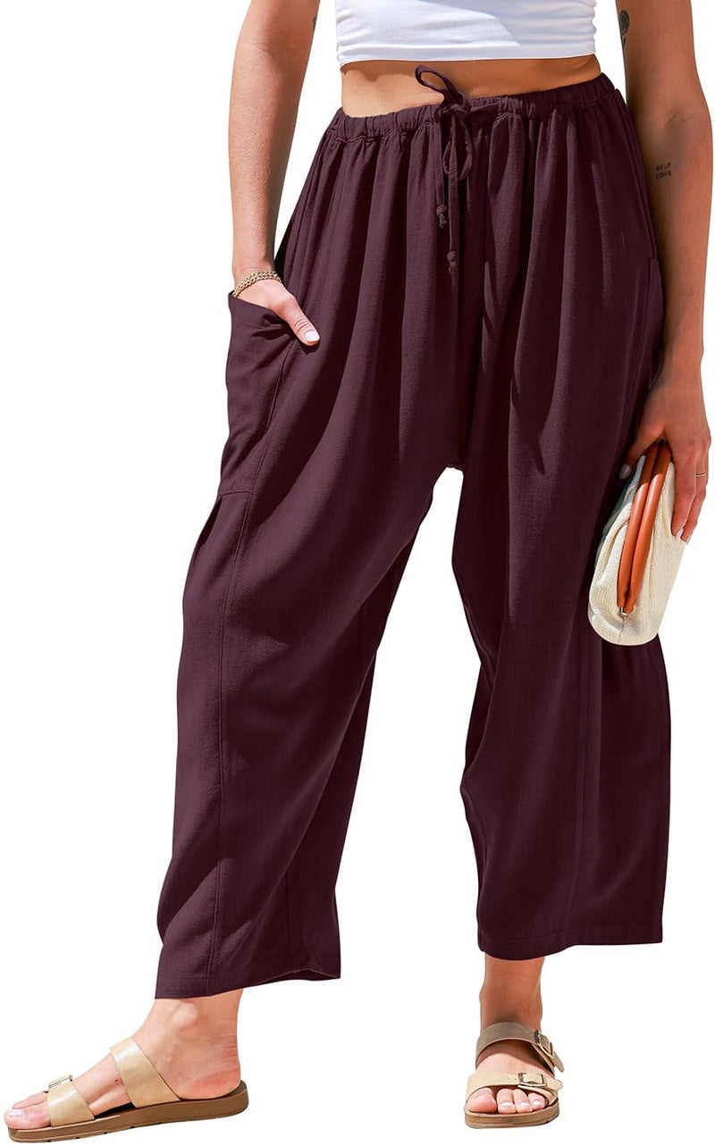 TARSE Womens Linen Wide Leg Pants Casual Loose Drawstring Low Waist Summer Beach Palazzo Harem Pants with Pockets 2025(Burgundy,XL) - Image 1