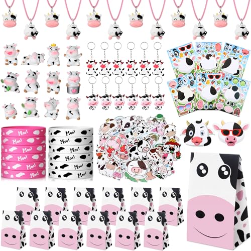 Fumete 122 Pcs Cow Party Favors Decorations Include Cow Print Silicone Bracelets Stickers Keychains Necklaces Gifts Bags Cartoon Sticker for Theme Party Favors - Image 1