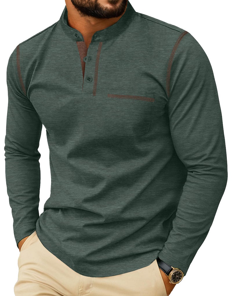 Sailwind Men's Henley Shirts Long Sleeve Button T-Shirt Casual Stylish Cotton Pullover Shirt with Pocket Green - Image 1