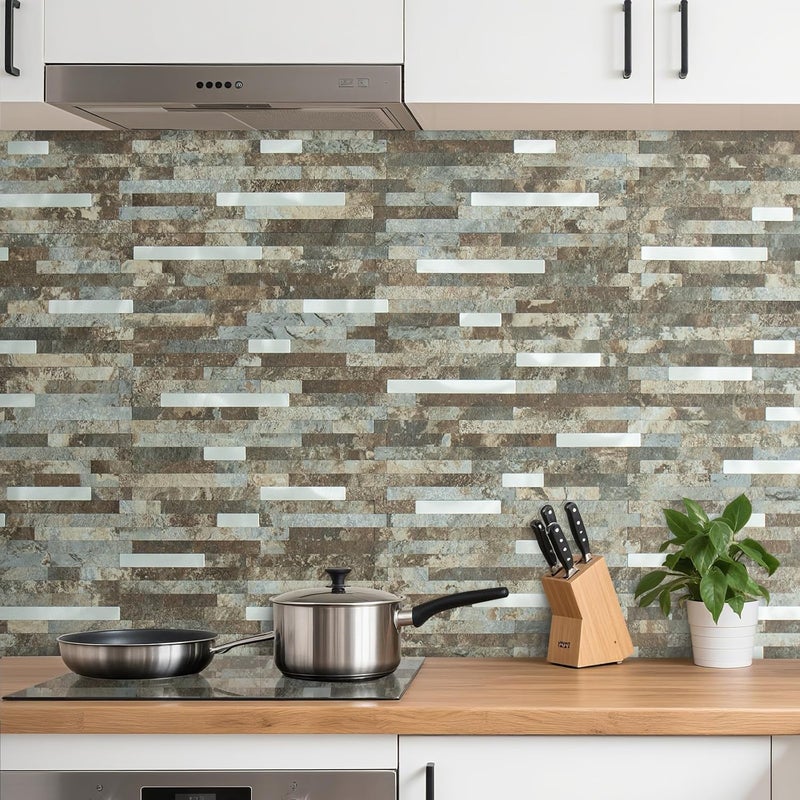 AULIGET 20 Sheets Beige & Brown Slate Peel and Stick Backsplash, PVC Mixed Metal Silver Wall Tile Stick on Backsplash for Kitchen and Bathroom - Image 2
