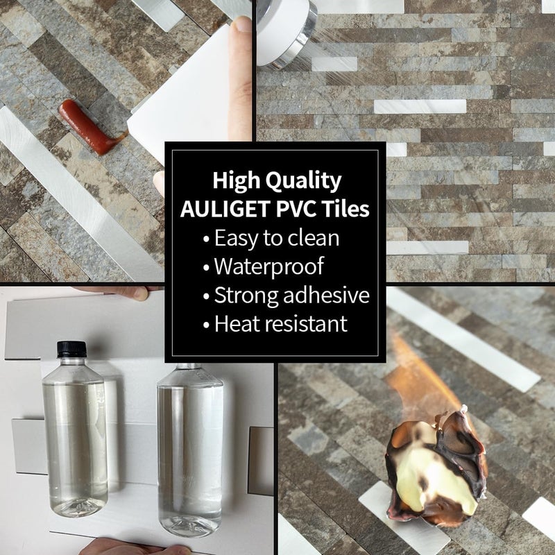 AULIGET 20 Sheets Beige & Brown Slate Peel and Stick Backsplash, PVC Mixed Metal Silver Wall Tile Stick on Backsplash for Kitchen and Bathroom - Image 5