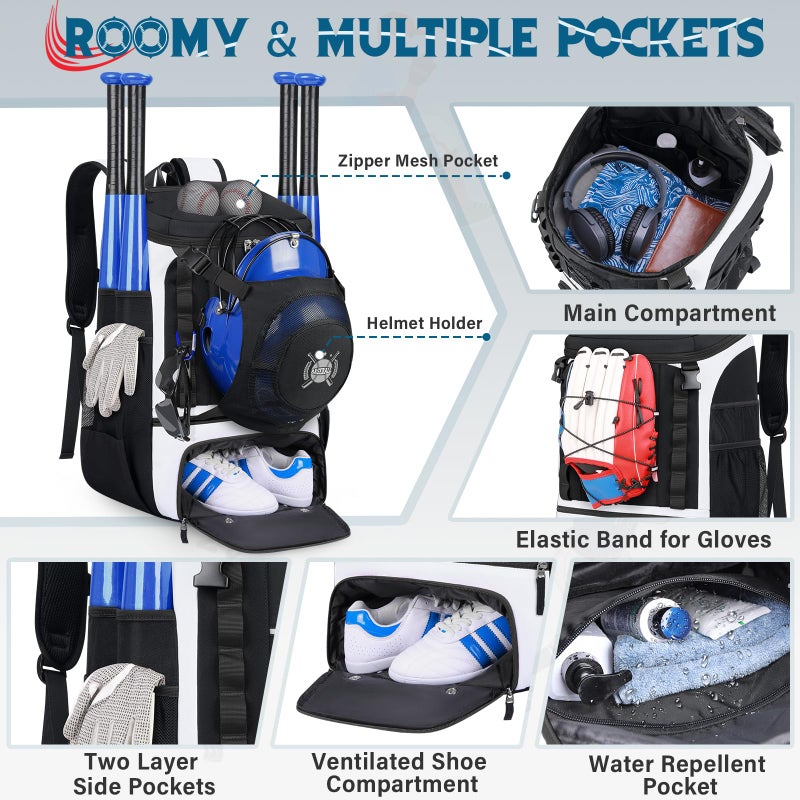 SDYSM Baseball Bag Lightweight Softball Bags for Adults Youth 40L Large Baseball Backpack with Shoe Compartment, Helmet Holder, Fence Hook Waterproof Softball Bats Bag for T-Ball & Softball Equipment - Image 3