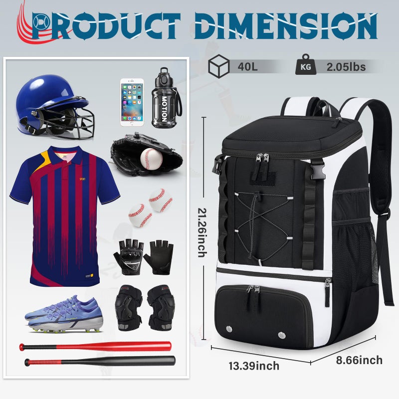SDYSM Baseball Bag Lightweight Softball Bags for Adults Youth 40L Large Baseball Backpack with Shoe Compartment, Helmet Holder, Fence Hook Waterproof Softball Bats Bag for T-Ball & Softball Equipment - Image 2