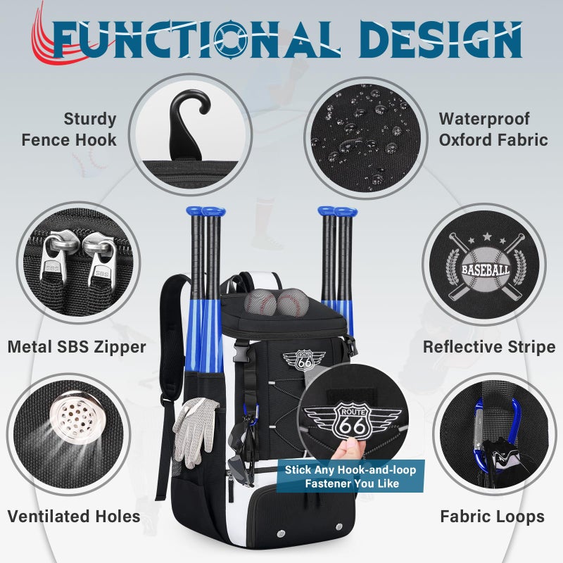 SDYSM Baseball Bag Lightweight Softball Bags for Adults Youth 40L Large Baseball Backpack with Shoe Compartment, Helmet Holder, Fence Hook Waterproof Softball Bats Bag for T-Ball & Softball Equipment - Image 4
