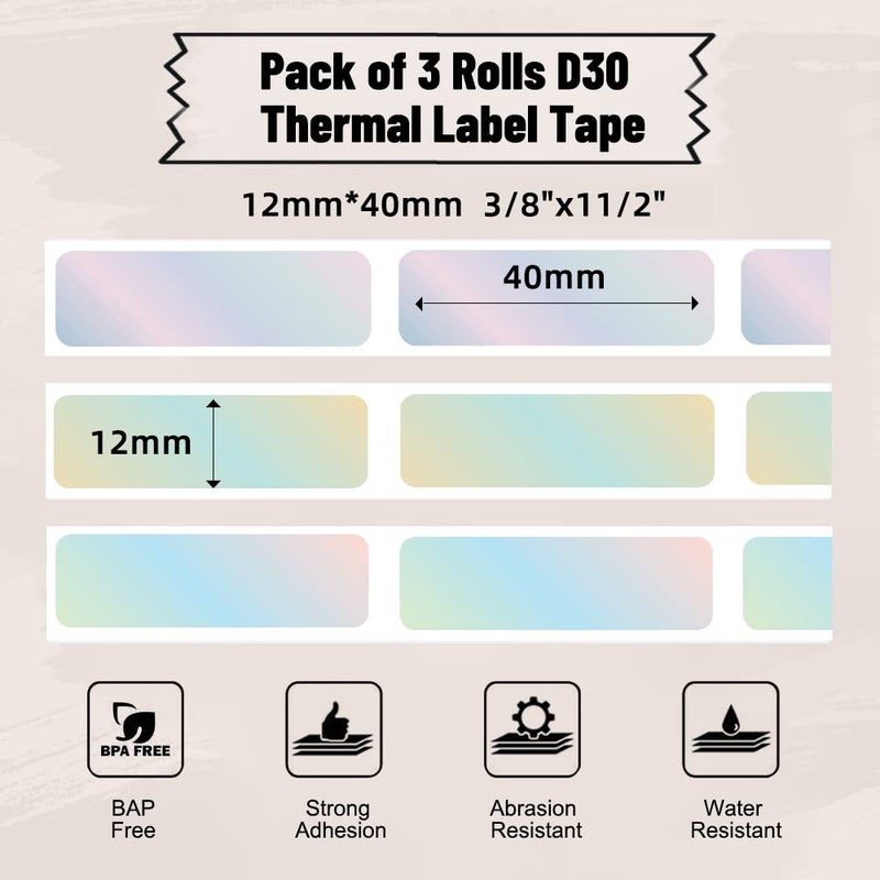 Phomemo D30 Label Tape, for D30 D35 Q30 Q30S Q31 Label Maker, Black on Mermaid Color Sticker Thermal Paper Self-Adhesive Label Maker Tape, 12 x 40mm (3/8" x 11/2") 160 Tapes/Roll, 3-Roll - Image 2