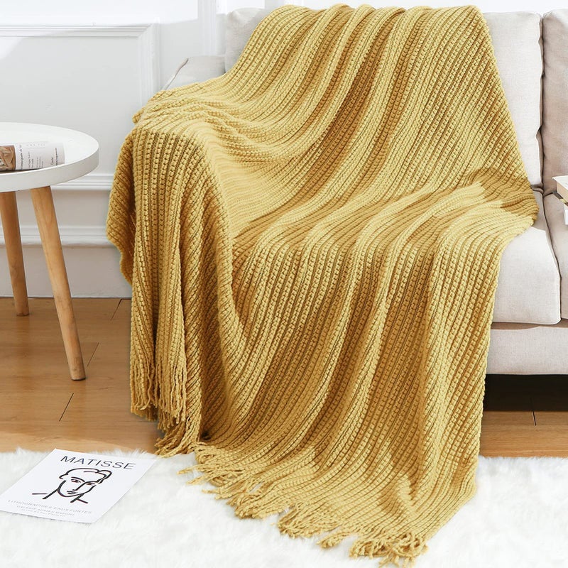 Blagic Knitted Throw Blanket for Couch Soft Farmhouse Boho Throw Blanket with Tassels Home Decorative Lightweight Throw BlanketsMustard Yellow Throws for BedChairSofa Wheat Textured50 W x 60 L