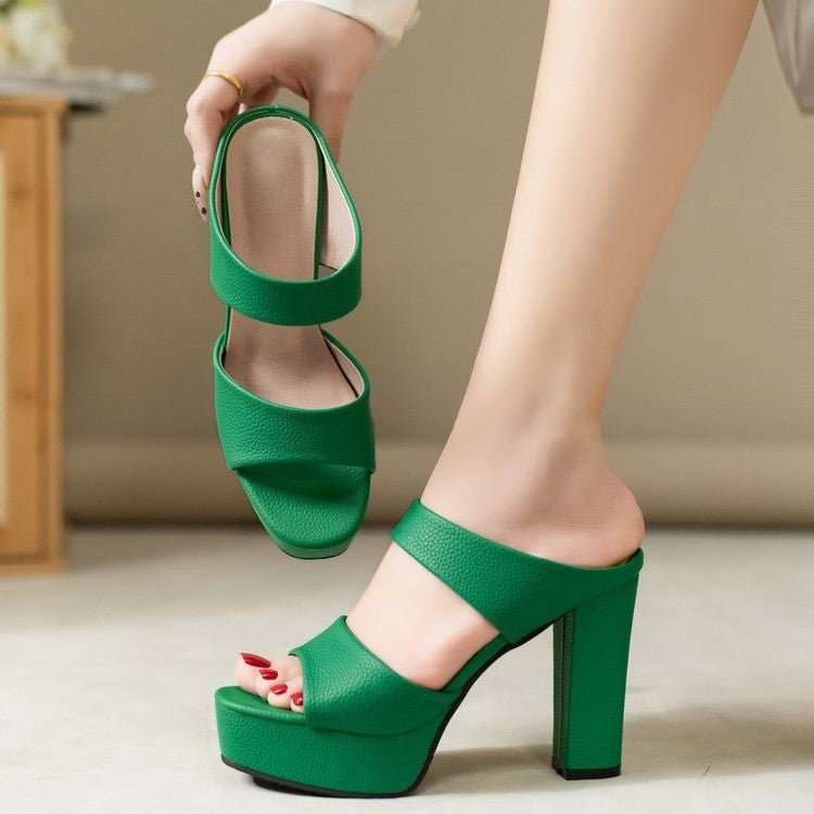 2026 New Style Solid Color Simple Square-Toe Waterproof Platform Open-Toe Side Cut-Out Slip-On Fashion Chunky High-Heeled Women''s Sandals - Image 1