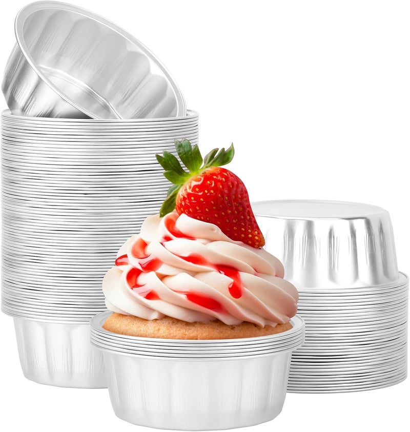 Beasea Aluminum Ramekins 8oz 100 Pack, Disposable Ramekins Foil Cups Baking 3.9" Ramekin Cup Cupcake Aluminum Mini Baking Cups for Party - Silver - Image 1