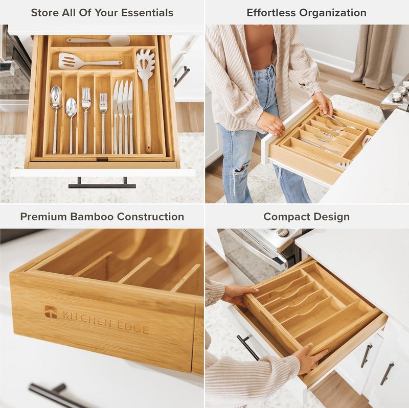 KitchenEdge Premium Silverware, Flatware and Utensil Organizer for Kitchen Drawers, Food-Safe Contract Grade, Expandable from 14 to 25 In, Natural Bamboo - Image 3