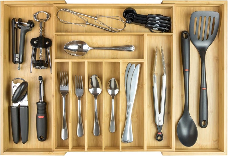 KitchenEdge Premium Silverware, Flatware and Utensil Organizer for Kitchen Drawers, Food-Safe Contract Grade, Expandable from 14 to 25 In, Natural Bamboo - Image 1